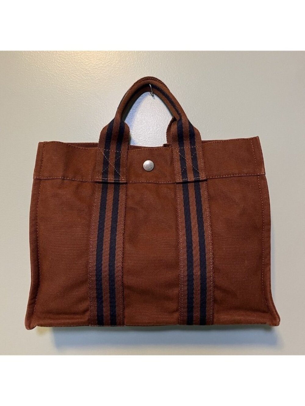 HERMÈS Paris Brown Striped Tote Bag Top Handle Zip Top Silver Hardware